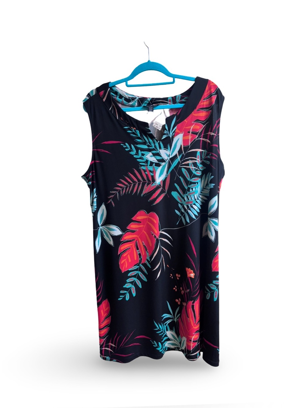 Tribal Femme Black knee length Dress with Teal, White & Coral Leaf Print - Picture 2 of 7